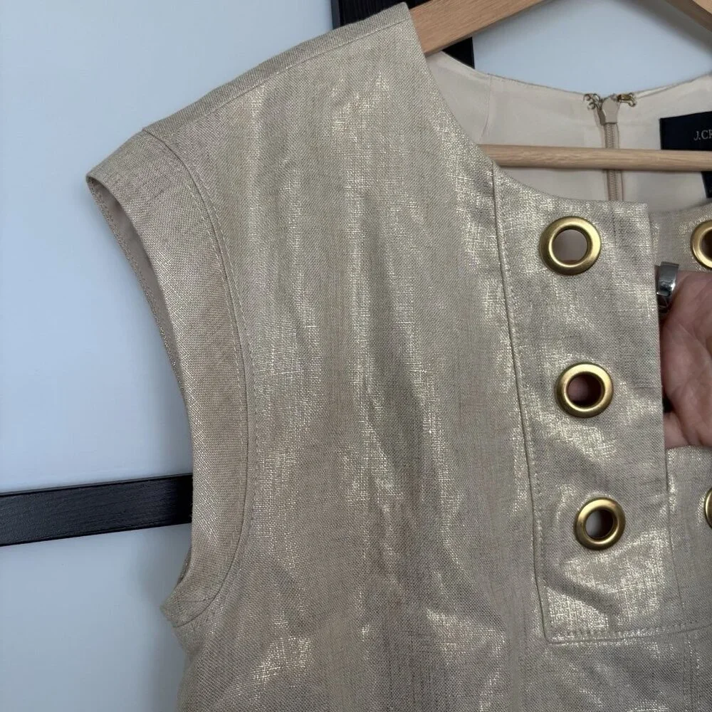 J. Crew Womens Linen Shift Dress‎ Size 8 Ivory/Gold Tone Career Office Preppy